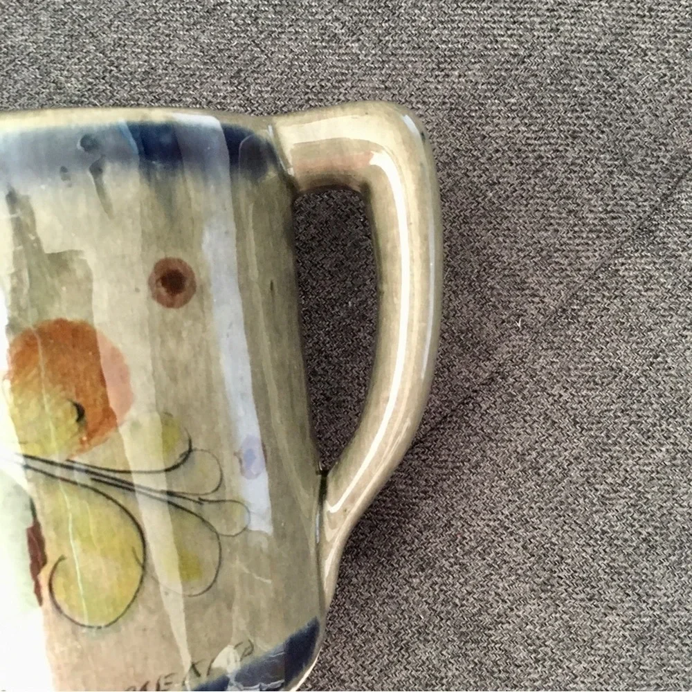 Handmade Mexican Pottery Mug, Floral, Blue, Gray, Colorful, 16 oz